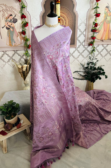 Satin Silk Saree from Banaras| Tanchoi weave | Mauve/Light Purple | Handwoven | No Zari | Silk Mark Certified | Ships from California